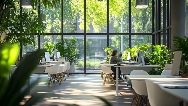 Modern office with plants, natural light, worker