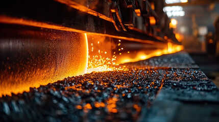 High energy industrial scene of steel rolling with glowing sparks and molten metal. dynamic environment showcases power of manufacturing