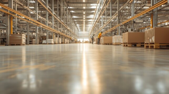 Warehouse workers manage inventory; sunlight streams through open bay doors