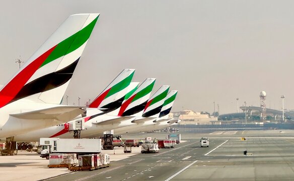 Dubai, UAE - November 8, 2024: A row of tail fins of Emirates Airlines aircraft parked at Dubai International Airport, UAE. 