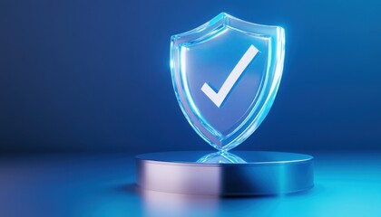 A glowing shield with a checkmark symbolizes security and trust in a digital context.