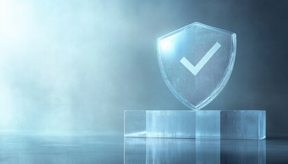 A glowing shield icon with a checkmark symbolizes security and protection, set against a misty background.