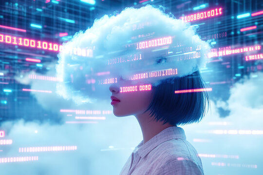 Futuristic portrait of a person with a floating digital cloud above their head in a vibrant, tech-inspired environment