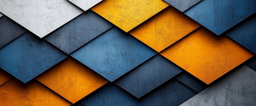 Abstract design with a blue and yellow palette featuring geometric shapes in the background
