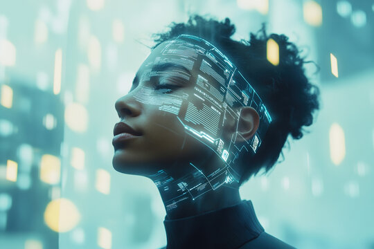 Futuristic portrait of a person with digital elements and holographic displays in a high-tech environment - Powered by Adobe