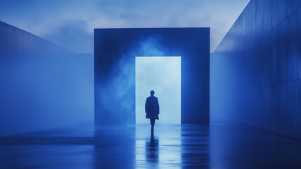 Obraz premium solitary figure walks through glowing blue doorway, surrounded by mist, creating mysterious and ethereal atmosphere