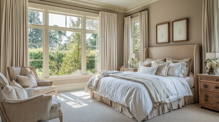 Fototapeta premium Serene Bedroom with Garden View