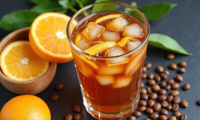 Refreshing iced drink with coffee and oranges