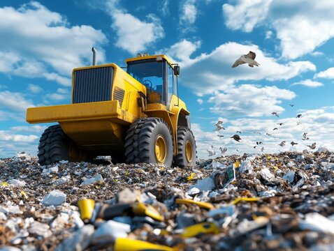 Yellow Bulldozer Clearing Garbage Pile Under Bright Sky