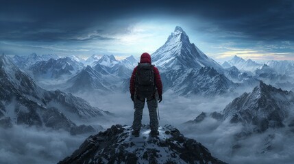 Lone Hiker on Snowy Mountain Peak With Dramatic Sky