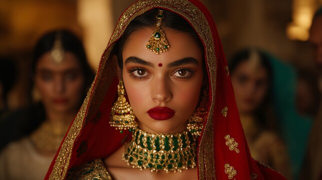 Closeup of Indian bride wearing a red tradition wedding saree