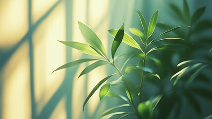 Fototapeta premium close up of green leaves illuminated by soft sunlight, creating serene atmosphere. interplay of light and shadows enhances natural beauty of plant