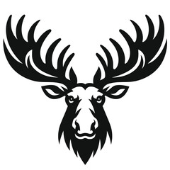 Moose Head Symbol – Striking Black and White Moose Silhouette with Artistic Antlers, Perfect for Logos, Tattoos, Stickers, and Wildlife-Themed Branding