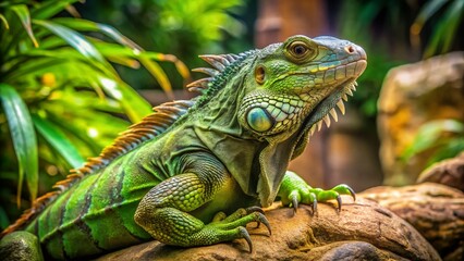 Fototapeta premium Green Iguana at the Zoo - Reptile Exhibit Stock Photo