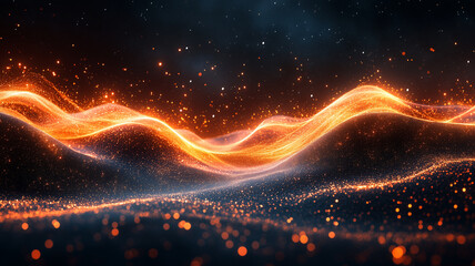 Abstract glowing waves with orange and blue particles creating dynamic visual effect, evoking sense of energy and movement in digital landscape