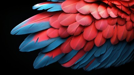 Fototapeta premium Vibrant feathers of a bird showcasing striking red and blue colors in detailed focus.