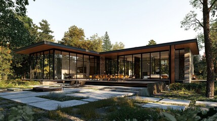 Obraz premium Modern Glass House in Wooded Landscape Architectural Visualization