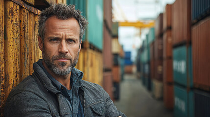 Fototapeta premium Man with beard posing confidently among shipping containers in a busy port during daytime hours. Generative AI