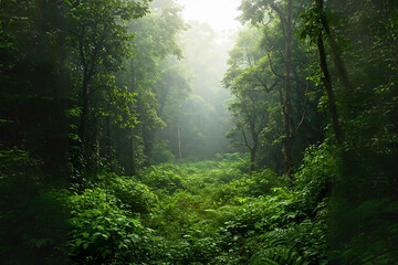 Fototapeta premium Enchanted Forest Path: Sunbeams Through Lush Green Trees. Mystical Woodland Scenery, Tranquil Nature, Hiking Trail, Outdoor Adventure...