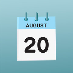 20th August daily calendar icon template. August 20 day calendar design. Single day calendar in vector illustration flat style.