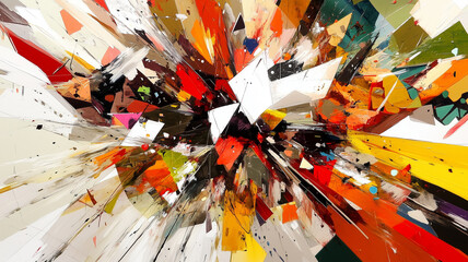 Fototapeta premium Abstract explosion of colors and shapes, featuring vibrant reds, yellows, and greens, creating dynamic and energetic visual experience