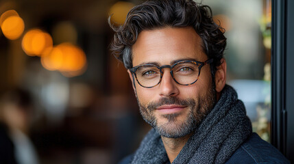 Obraz premium Young man with curly hair and glasses smiling in a cozy cafe during daytime. Generative AI