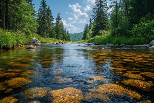 During spring vacation in the Sunny Valley of Synevyr National Park, Ukraine, a picturesque nature scene unfolds with a mountain river winding through a grassy meadow on the shore, while a ridge