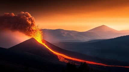 Fototapeta premium Dramatic Volcanic Eruption at Sunset Fiery Lava Flow Mountain Landscape