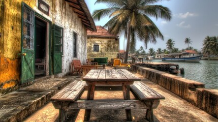 Obraz premium Rustic patio overlooking canal in tropical village