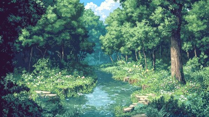 Pixel Art Forest River Serenity: A Tranquil Digital Landscape
