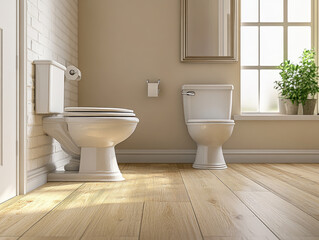 Modern bathroom interior with two toilets and sunlight