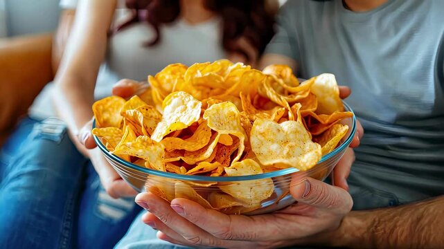 a couple in love is eating chips. selective focus