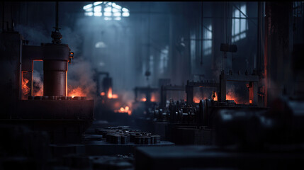 Fototapeta premium modern portrayal of steel forging in dimly lit industrial setting, showcasing heavy machinery and glowing metal