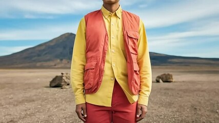 Person in stylish outfit with a mountain backdrop showcasing fashion against a stark and scenic environment