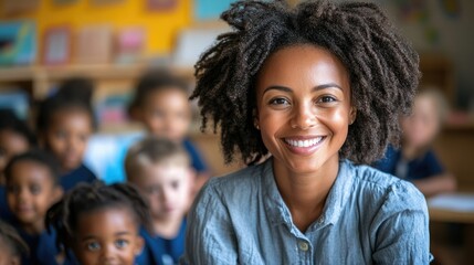 Smiling teacher engaged with diverse group of children in a classroom setting during morning activities
