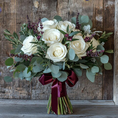 Elegant Bouquet of Burgundy and Blush Roses with Eucalyptus