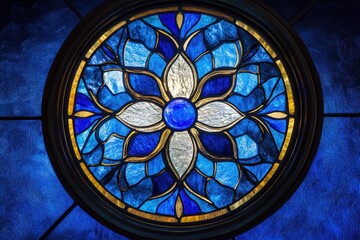 Obraz premium Round stained glass window features a flower with blue accents