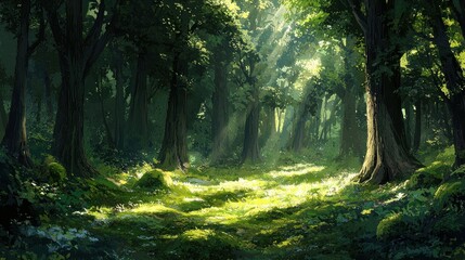 Obraz premium Sunlit Forest Path: A Digital Painting of Tranquil Woods