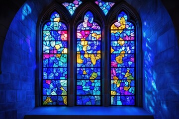 Three arched stained glass windows showcase vibrant abstract patterns