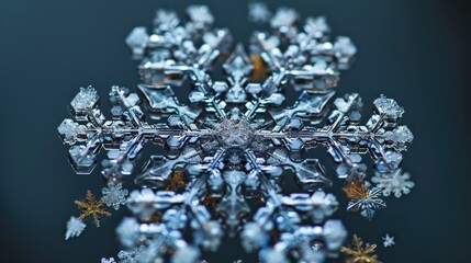 Close-up of intricate and detailed snowflake with frosty blue and golden highlights