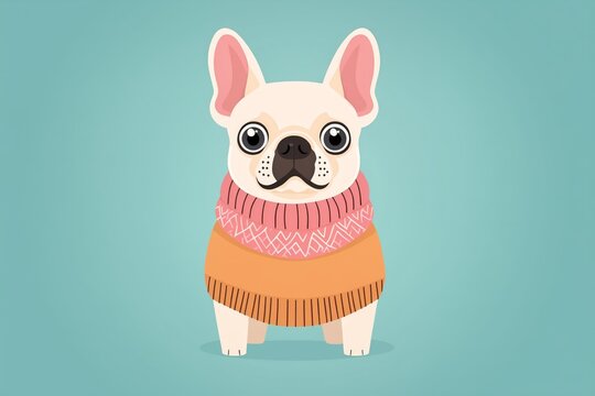 Un perro franc&eacute;s adorable con un su&eacute;ter colorido,frente a un fondo suave y atractivo.