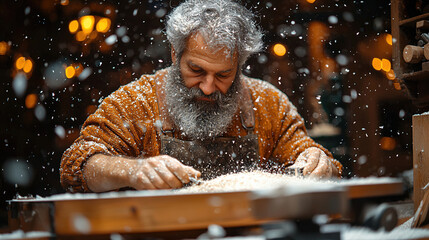 Skilled craftsman carving wood in a snowy workshop filled with warm light and rustic tools during winter. Generative AI