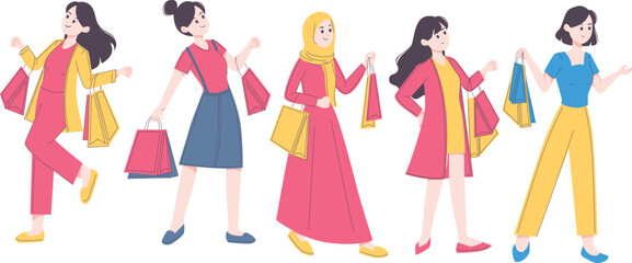 Woman Carrying Shopping Bags Illustration Collection