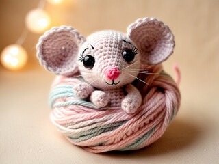 The face of the cute crochet mouse doll is smiling.
