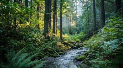 Fototapeta premium Sunlit Stream in Lush Evergreen Forest
