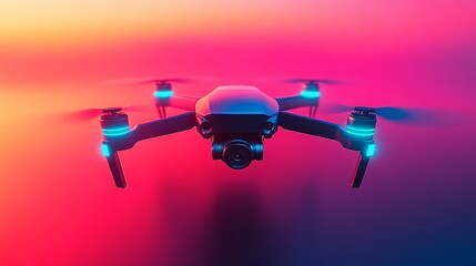 A sleek drone hovering in mid-air, glowing with vibrant neon colors against a smooth gradient background, creating a futuristic and dynamic scene.