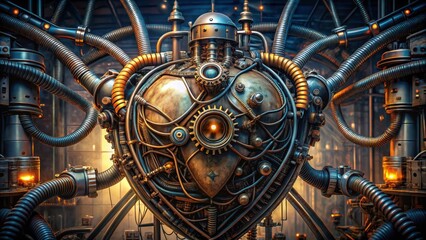 Intricate Steampunk Heart with Pipes and Gears in Industrial Setting