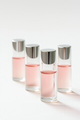 Elegant perfume bottles with pink liquid and metallic caps, arranged in a minimalistic composition on a light background.