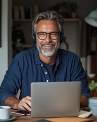 Confident professional enjoying remote work, wearing glasses and wireless headphones, sitting at a desk with a laptop.