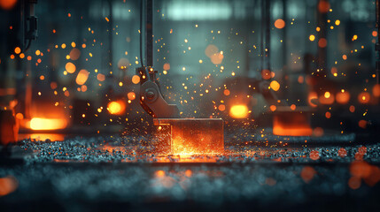 Vivid depiction of precision steel forging with glowing sparks and molten metal, showcasing industrial process in dynamic environment